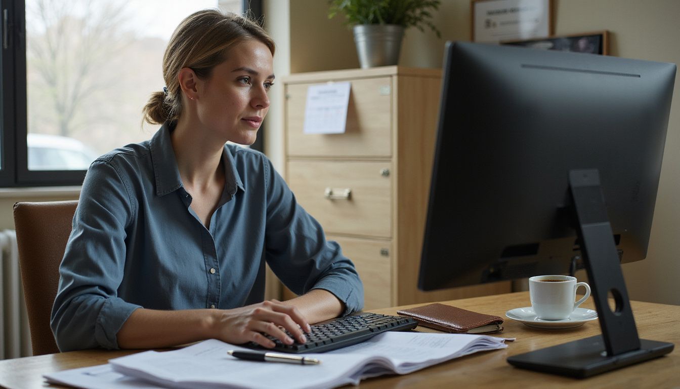 A focused woman types at a cluttered desk during a workday. A focused woman types at a cluttered desk during a workday.