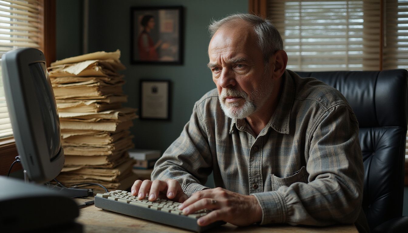 An older man displays frustration at a cluttered, worn desk. An older man displays frustration at a cluttered, worn desk.