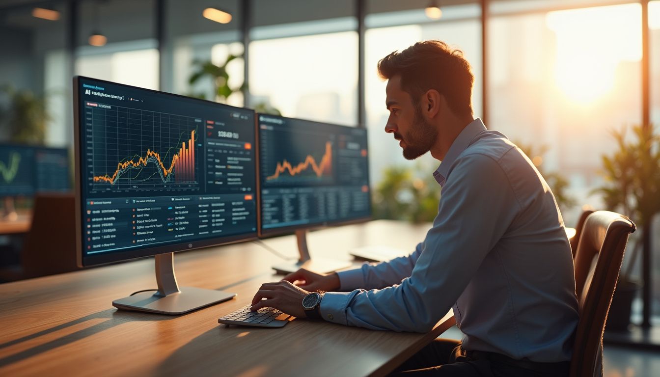 A focused analyst monitors high-tech displays in a modern banking office. A focused analyst monitors high-tech displays in a modern banking office.