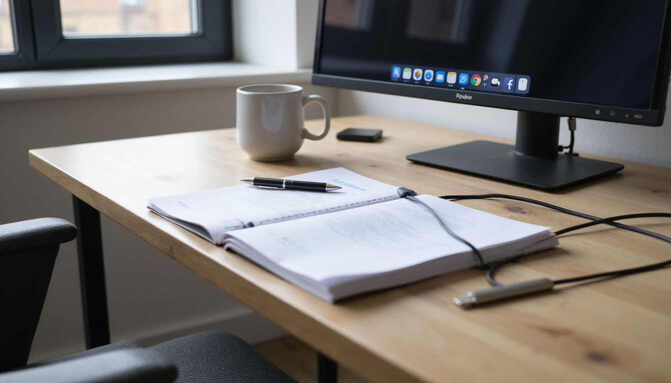 A modern office desk with organised yet active work elements.
