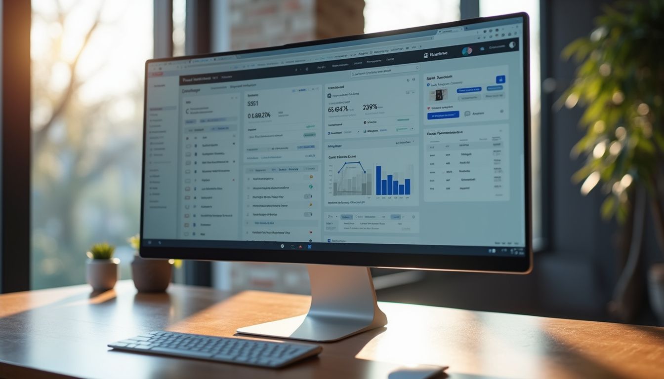 A modern workspace featuring a dual-screen monitor with business interfaces.