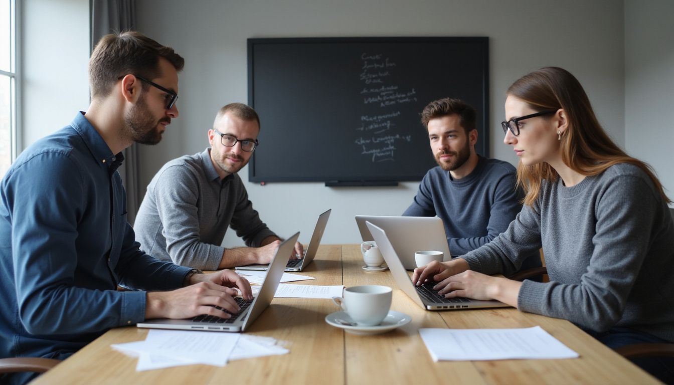 Four colleagues collaborate around a conference table with laptops.