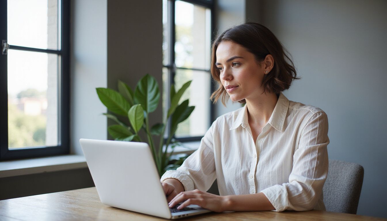 A woman types thoughtfully at a sleek desk with marketing analytics displayed.
