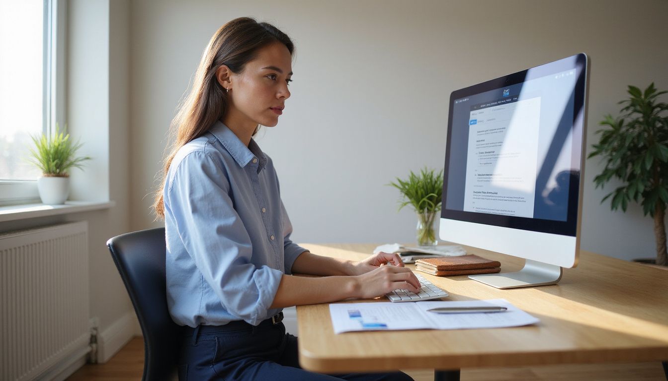 A focused woman works at a sleek desk in a minimalist office.