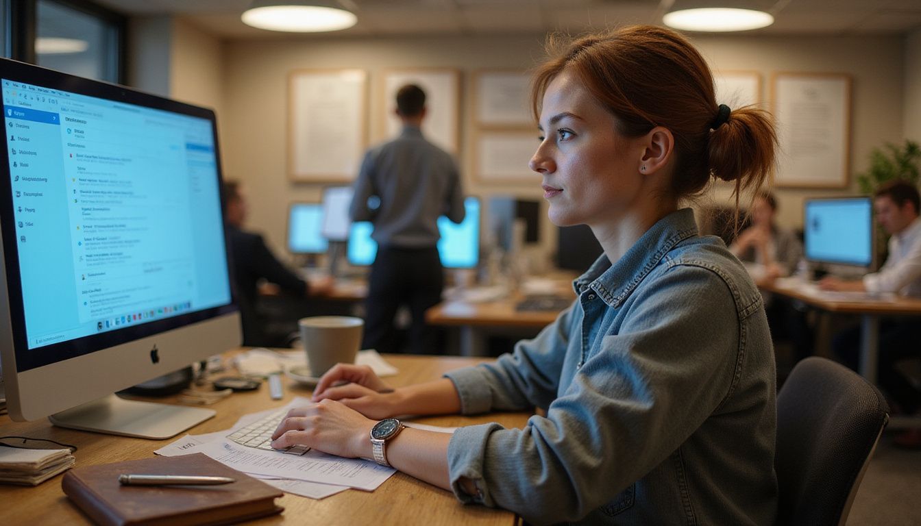 A woman types focusedly at a cluttered office desk.