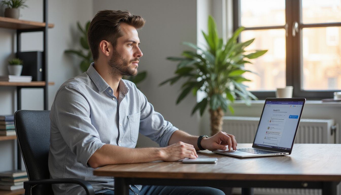 A focused man works at a modern office desk with a laptop.