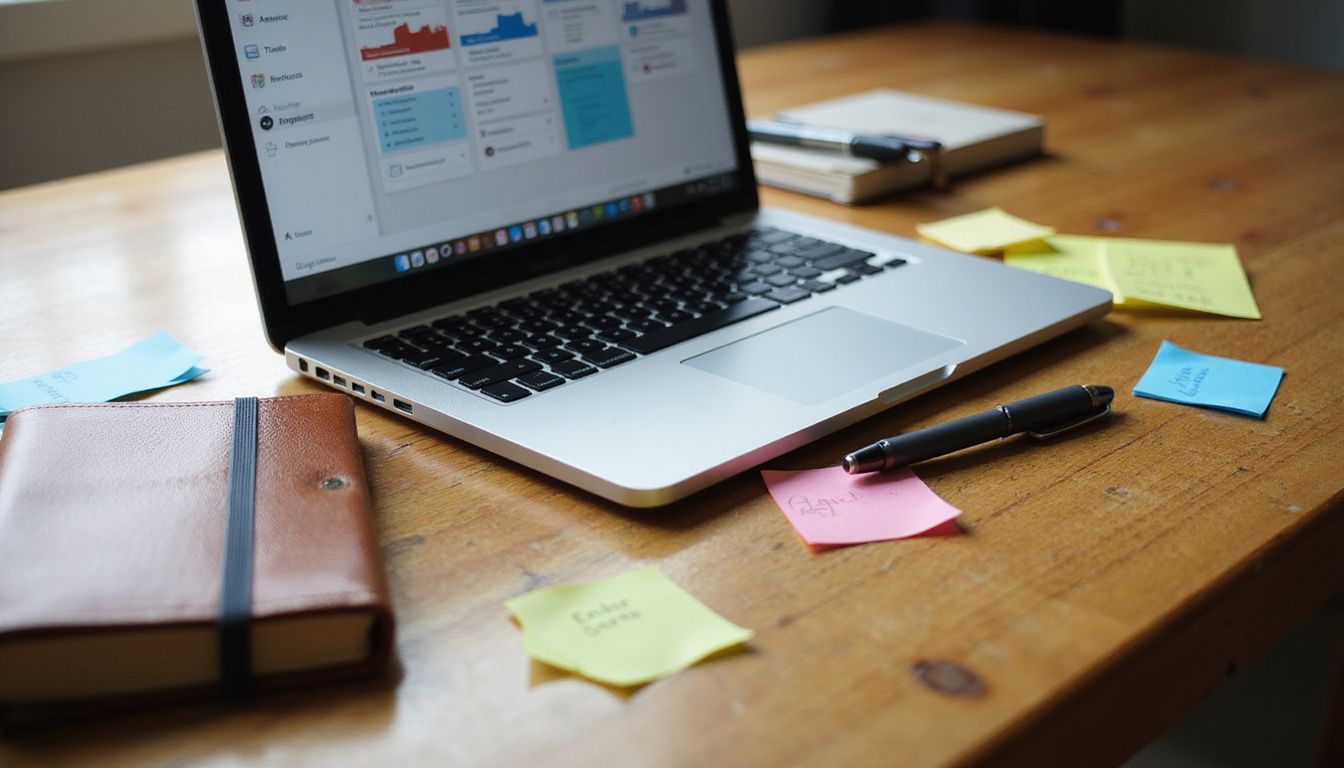 A dynamic office desk featuring a laptop, planner, and stationery.