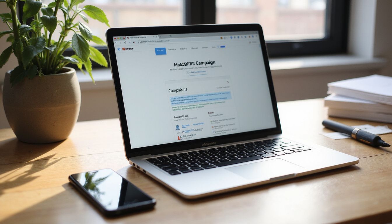 A sleek laptop and stationery in a minimalist workspace setting.