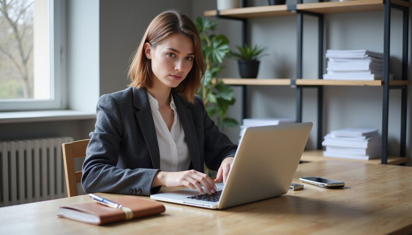 A focused businesswoman analyses data at a modern office desk.