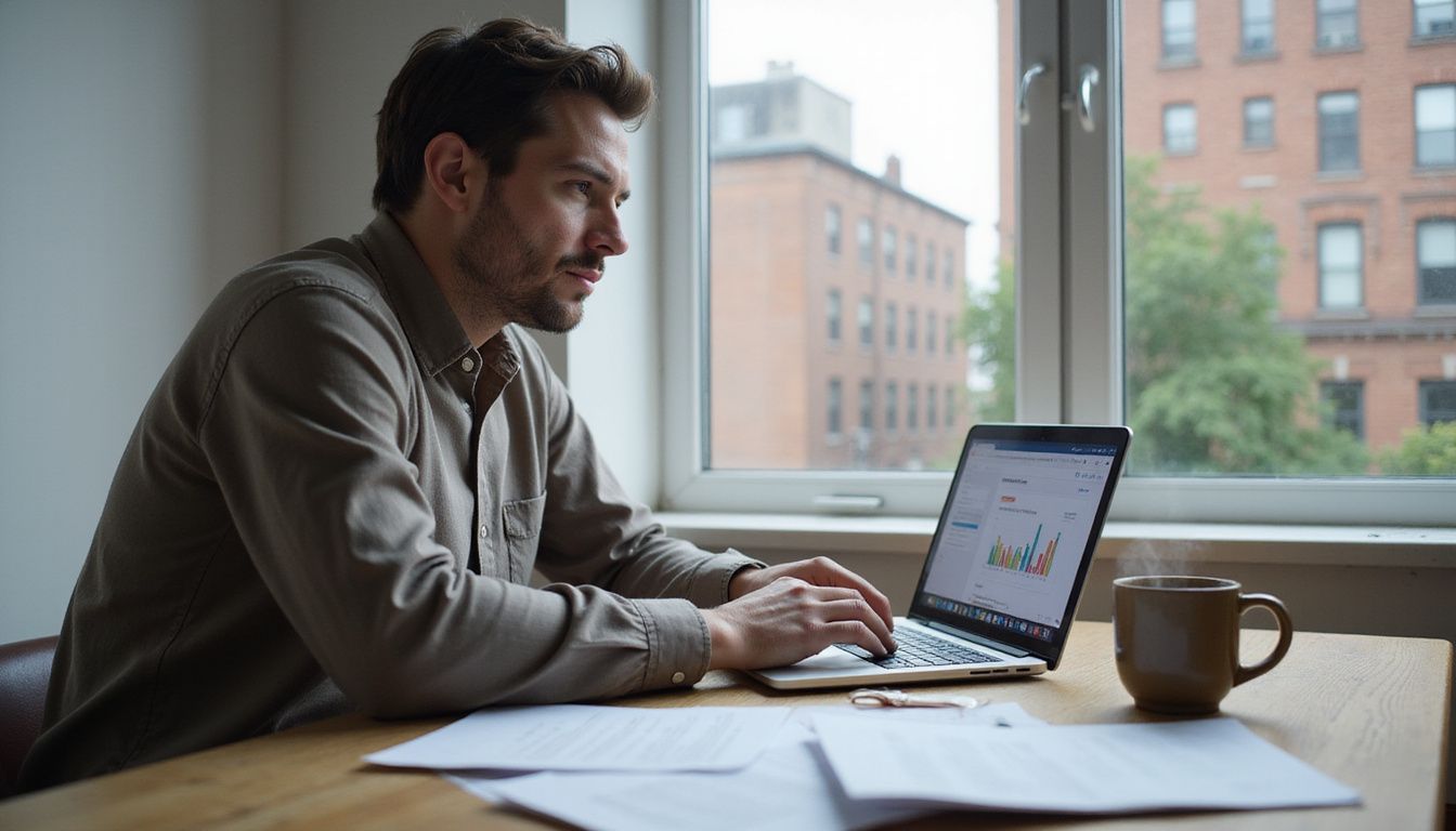 A focused individual works at a desk, analysing data on their laptop.