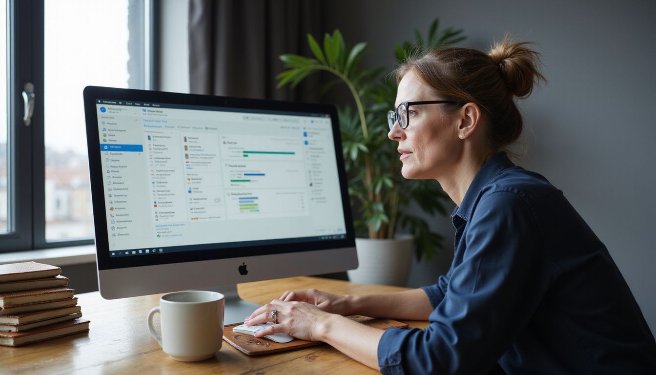 A middle-aged woman attentively works at a contemporary office desk.