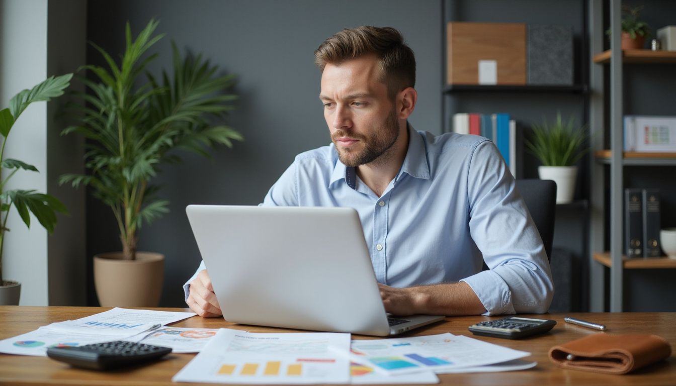 A focused individual works diligently at a modern office desk.