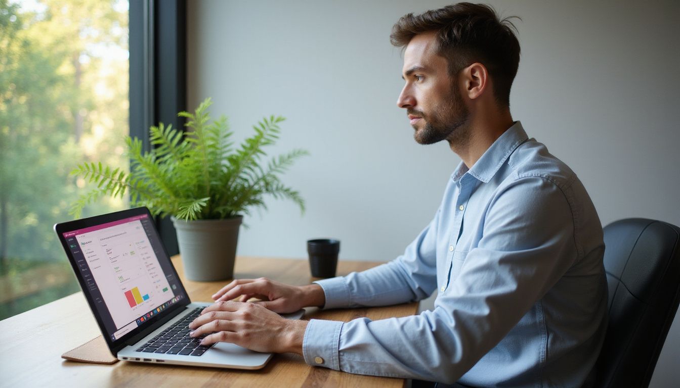 A focused individual works at a stylish modern office desk.