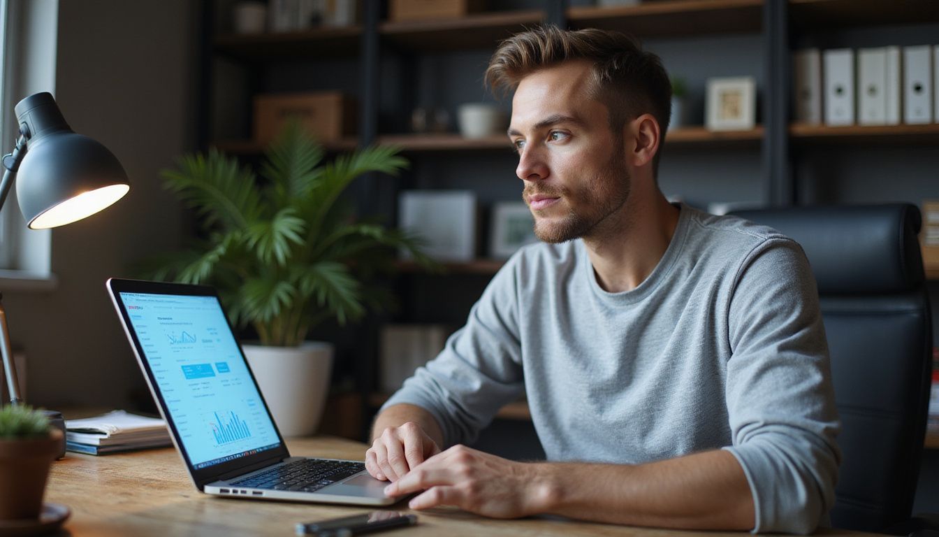 A man works focused at his desk with a laptop and notepad.