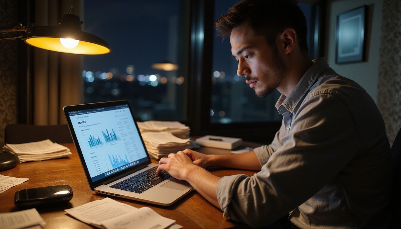 A small business owner works diligently at a cluttered wooden desk.