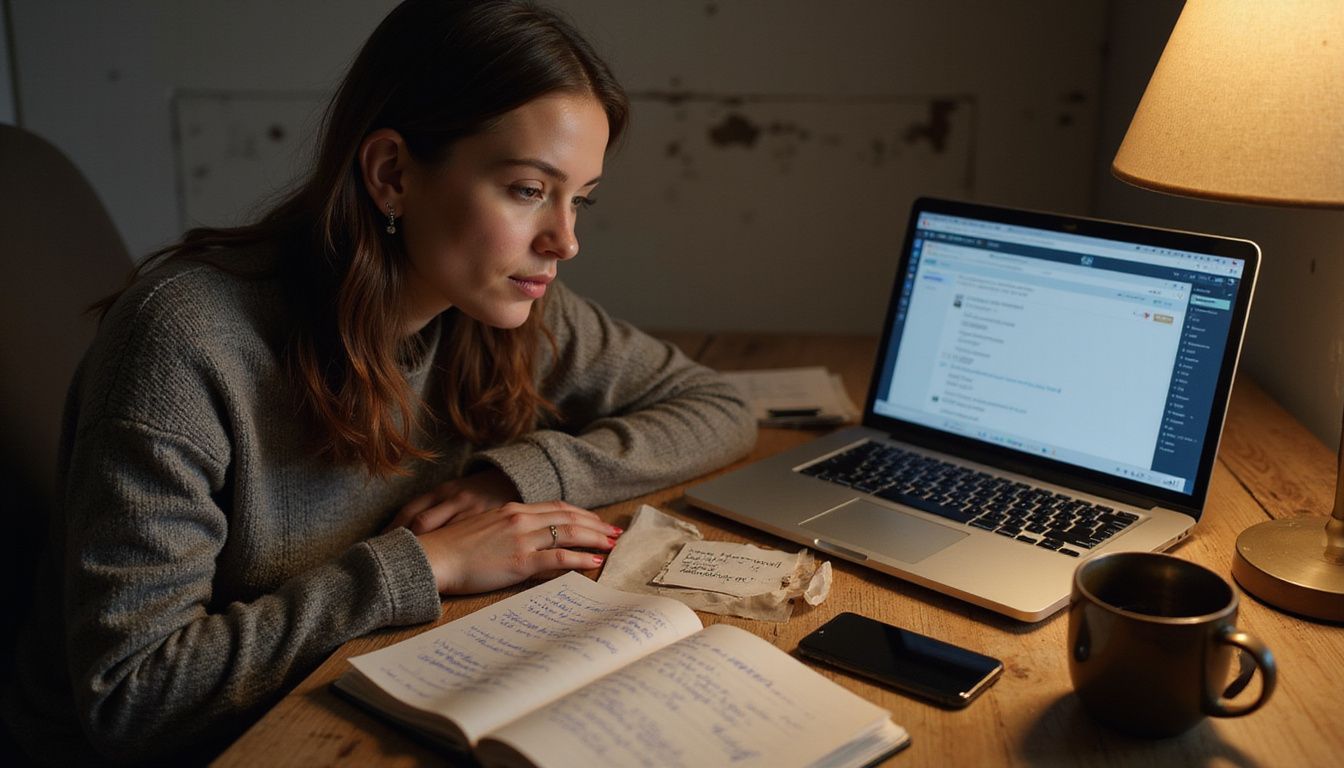 A woman focuses intently on work at a cluttered desk.