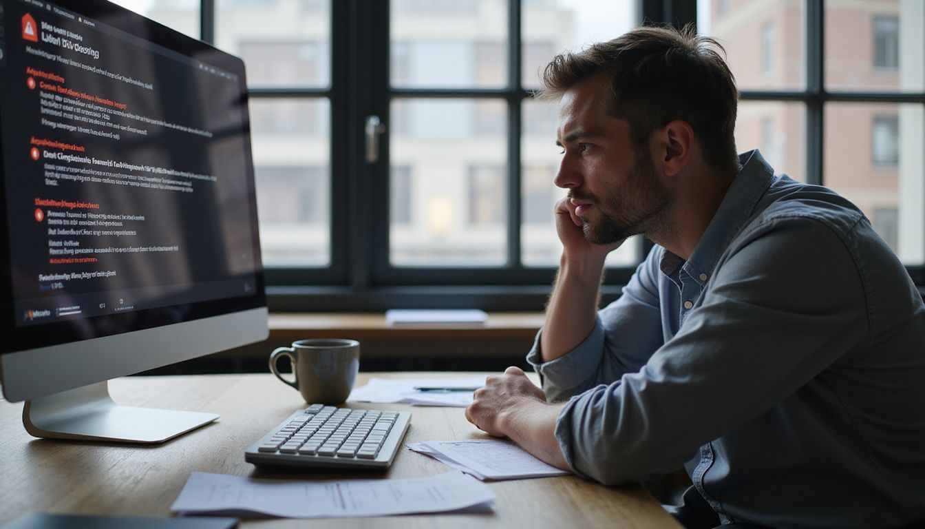 A focused individual addresses urgent technical issues at a modern desk. A focused individual addresses urgent technical issues at a modern desk.