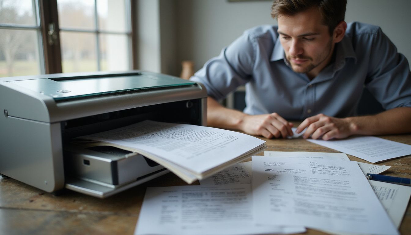 A person operates a sleek industrial scanner in a cluttered office. A person operates a sleek industrial scanner in a cluttered office.