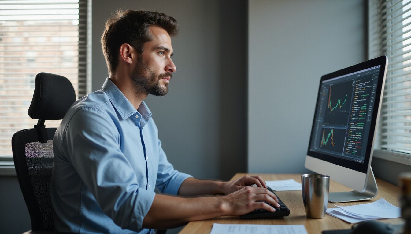 A focused man works at a modern desk on RPA tasks. A focused man works at a modern desk on RPA tasks.