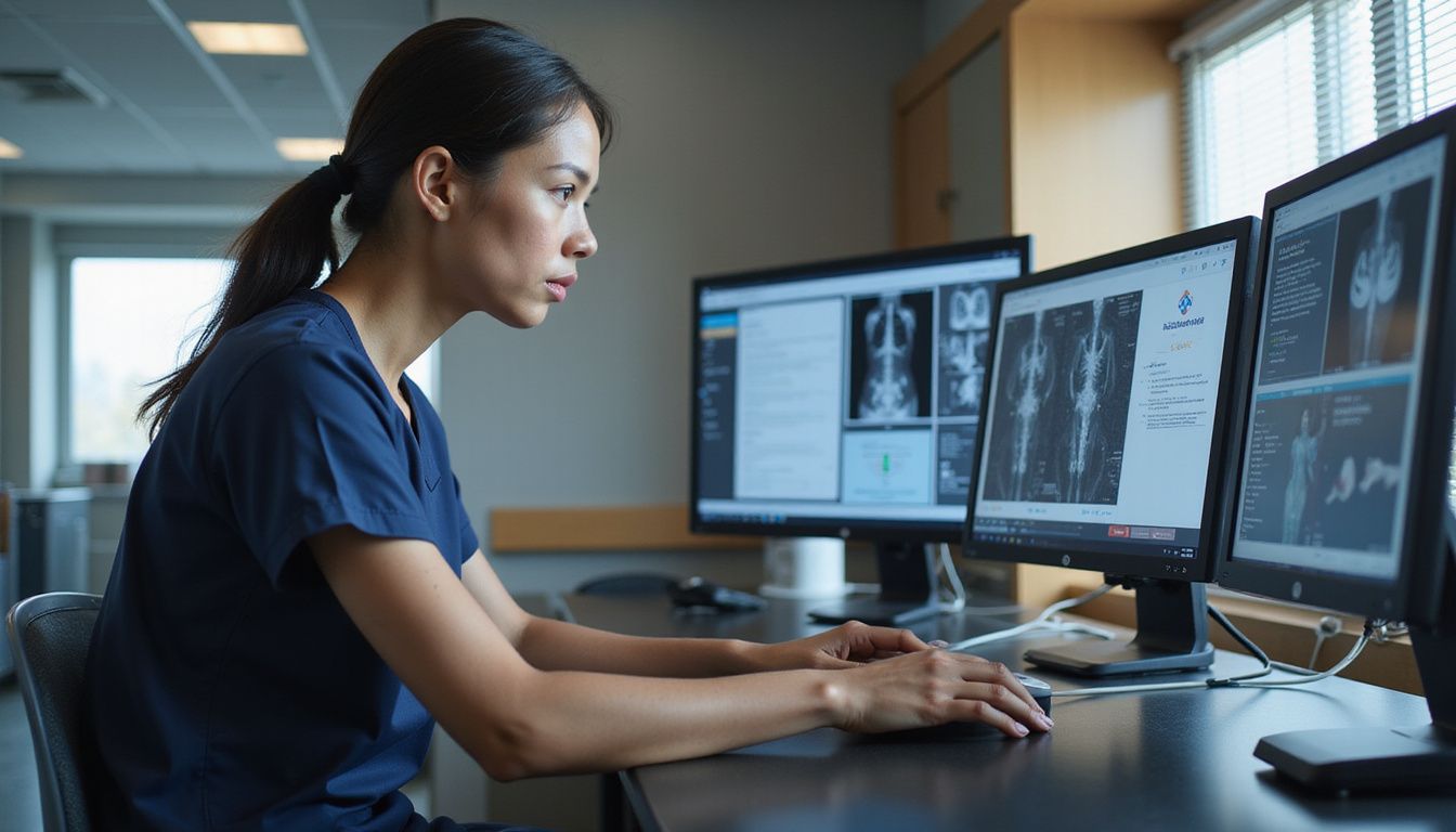 A healthcare professional focuses intently on a touchscreen interface in a hospital. A healthcare professional focuses intently on a touchscreen interface in a hospital.