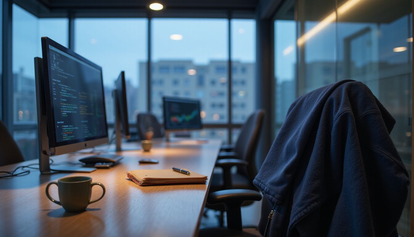 An empty office with computers and a jacket left on a chair. An empty office with computers and a jacket left on a chair.