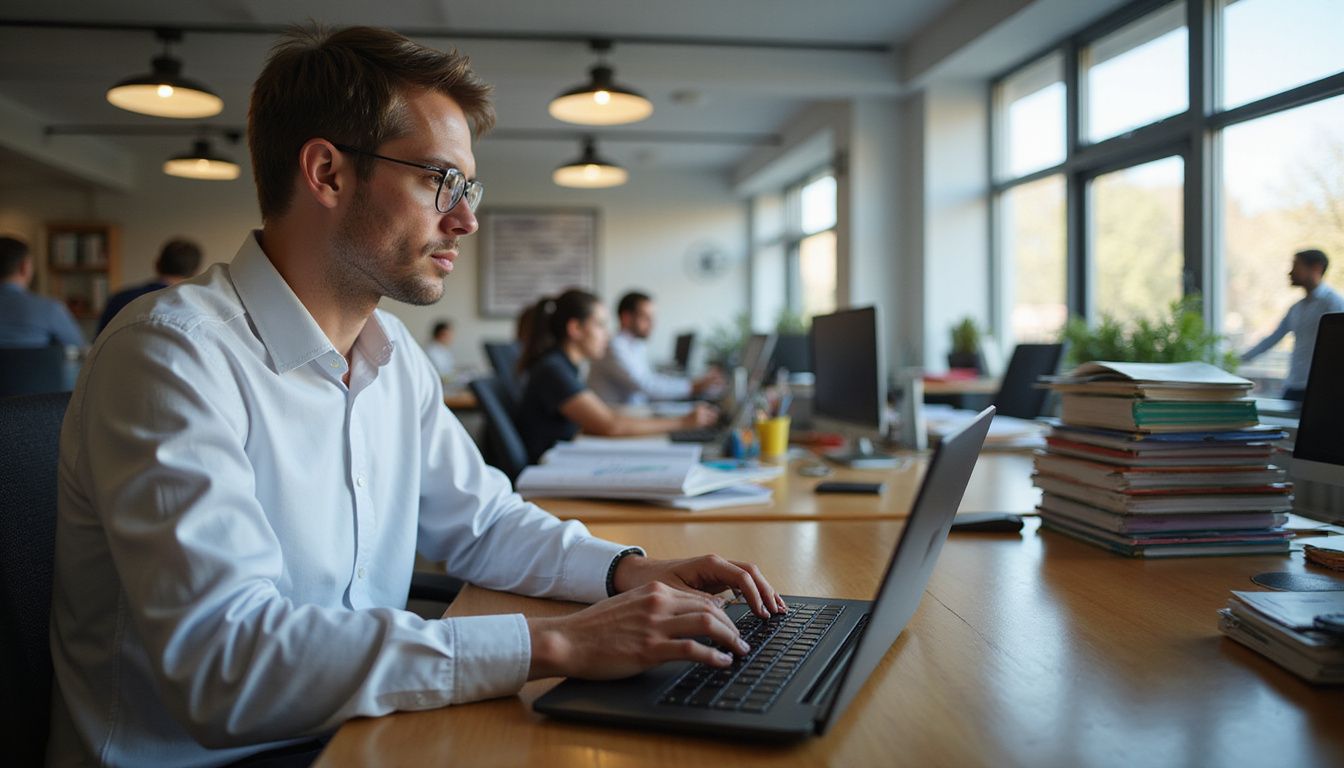 A school administrator focuses intently on a laptop in a busy office. A school administrator focuses intently on a laptop in a busy office.