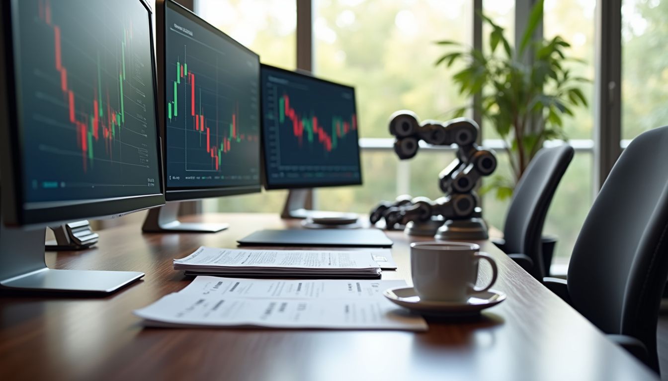 A modern office with robotic arms managing financial data efficiently. A modern office with robotic arms managing financial data efficiently.