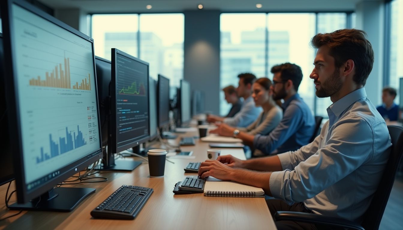 A busy financial services office focused on fraud detection and compliance. A busy financial services office focused on fraud detection and compliance.