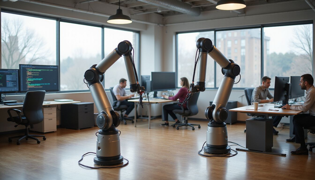 A modern office featuring advanced technology and collaborative workspaces. A modern office featuring advanced technology and collaborative workspaces.