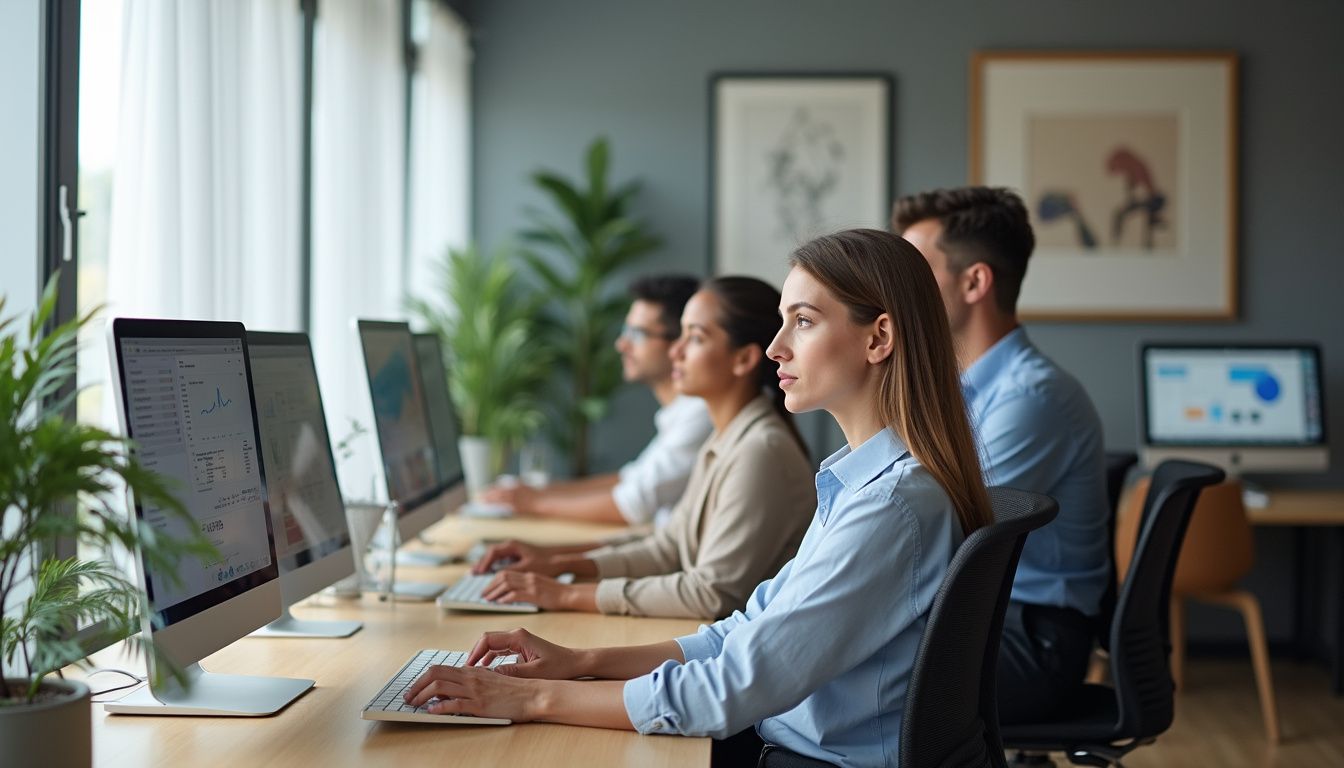 A modern office bustling with focused professionals engaged in their work. A modern office bustling with focused professionals engaged in their work.