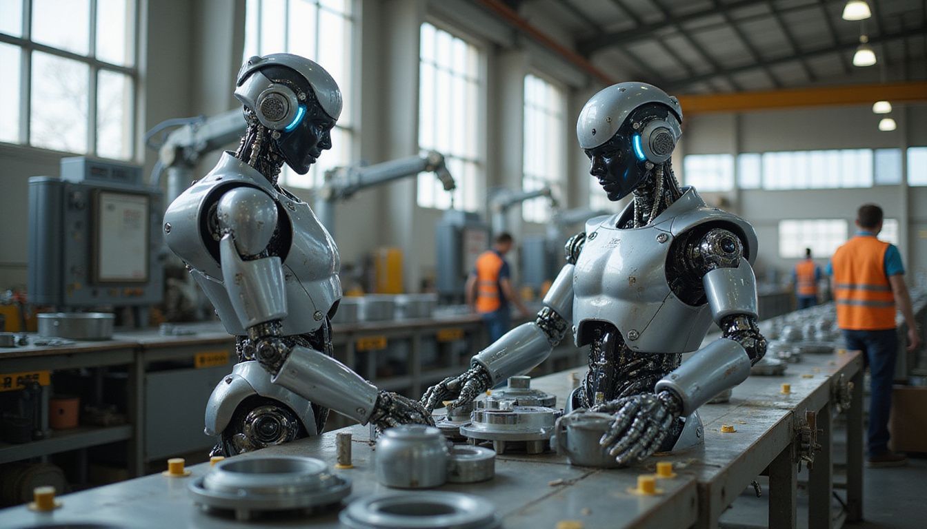 A metallic robot conducts quality control on a factory conveyor belt. A metallic robot conducts quality control on a factory conveyor belt.