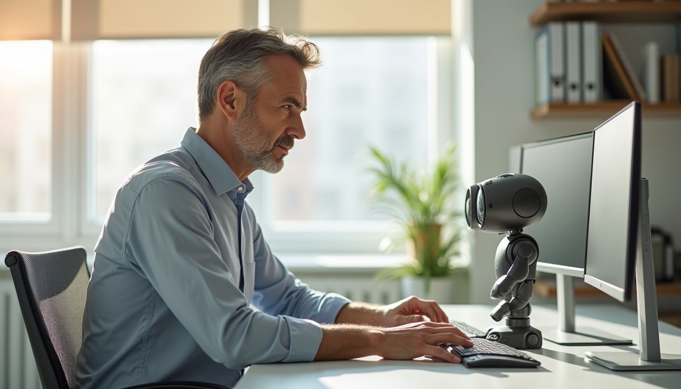 A focused employee collaborates with a robotic assistant at a modern desk. A focused employee collaborates with a robotic assistant at a modern desk.