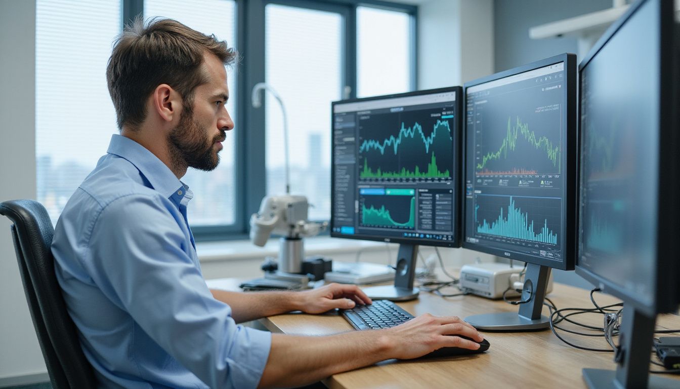 A focused man works at a modern healthcare workstation with RPA software. A focused man works at a modern healthcare workstation with RPA software.