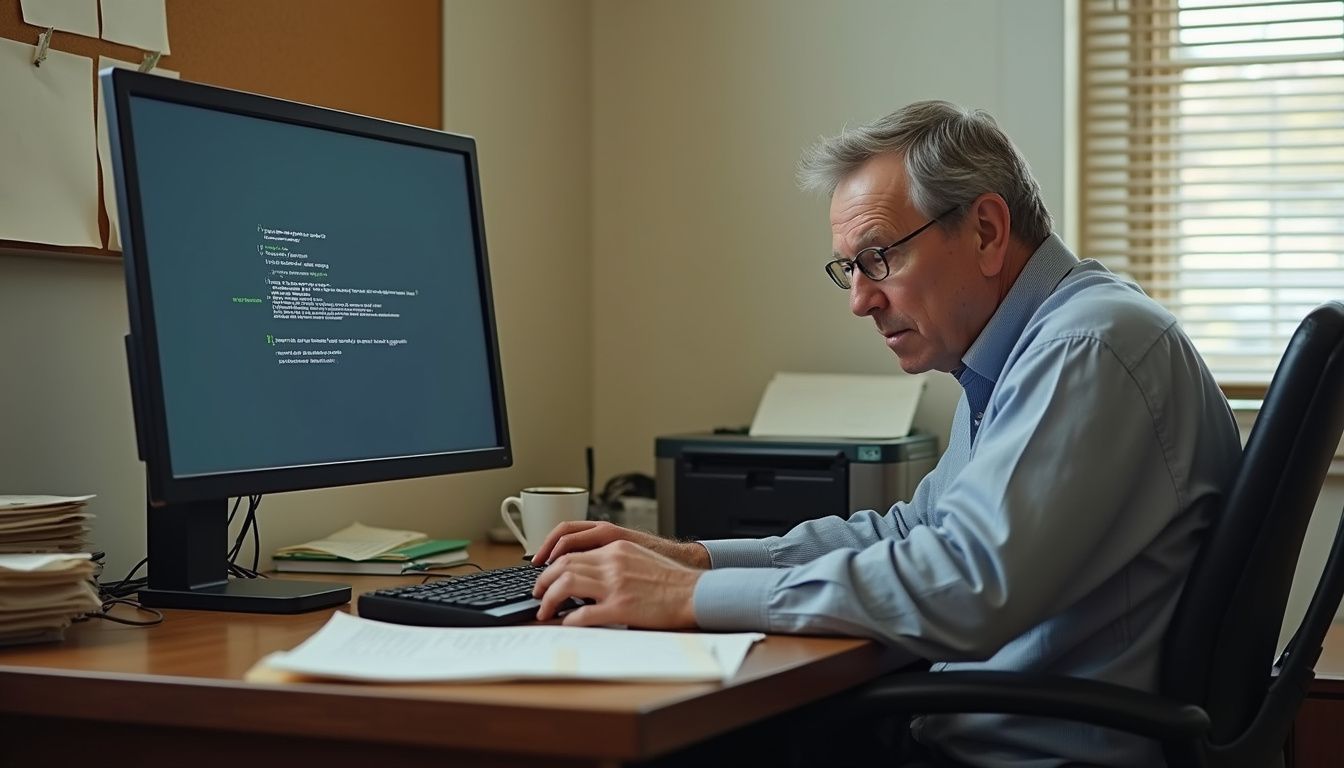 A middle-aged person focuses intently on error messages at their desk. A middle-aged person focuses intently on error messages at their desk.