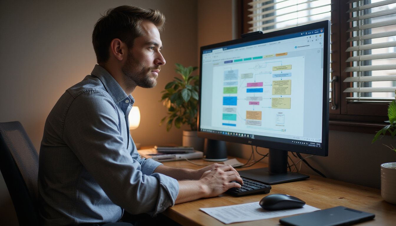 A focused man analyses a detailed flowchart in a modern office. A focused man analyses a detailed flowchart in a modern office.