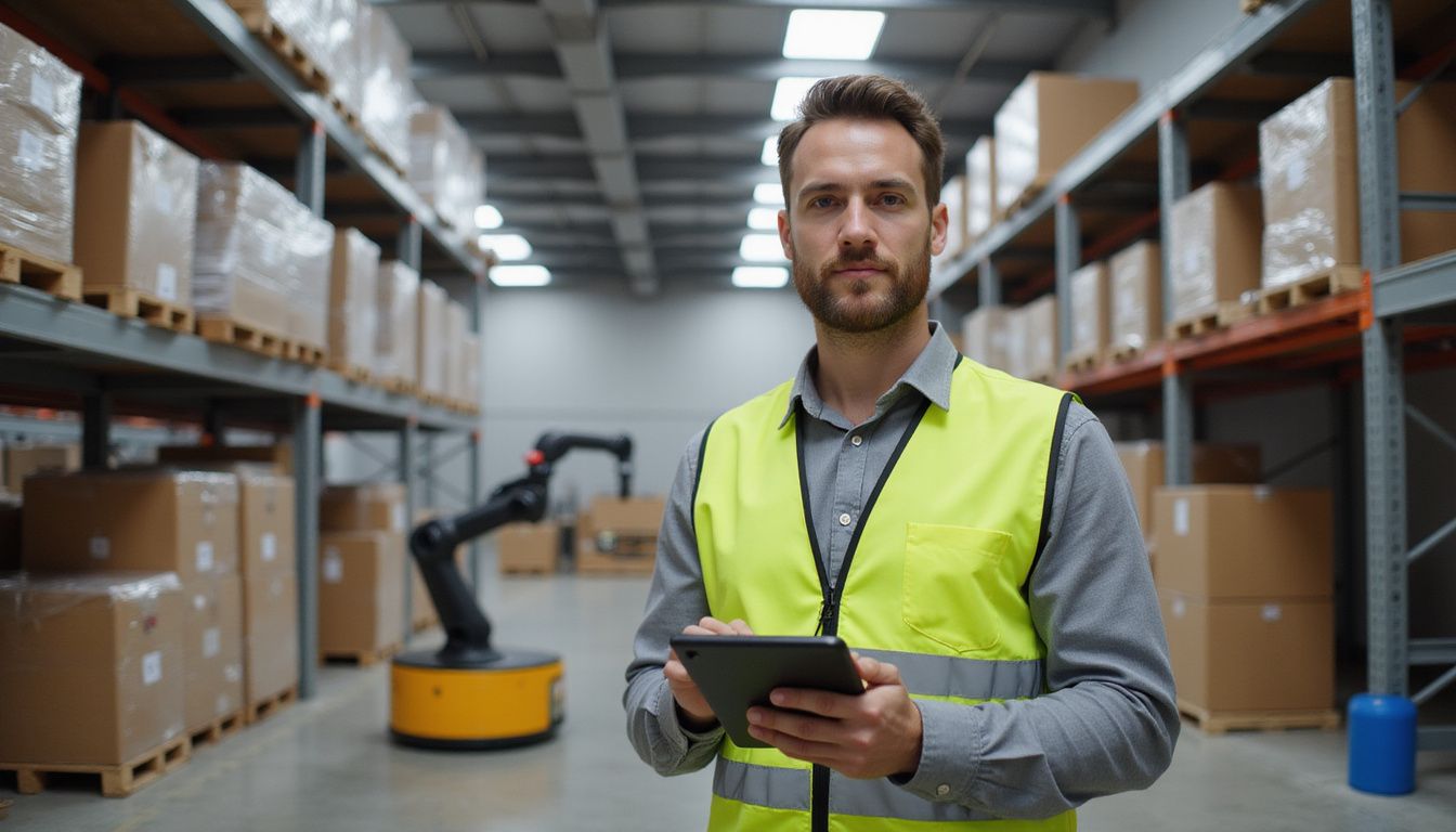 A focused man in a safety vest uses a tablet in a warehouse. A focused man in a safety vest uses a tablet in a warehouse.