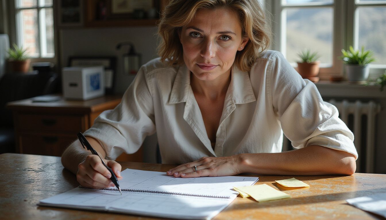 A middle-aged woman works diligently at a worn wooden desk. A middle-aged woman works diligently at a worn wooden desk.