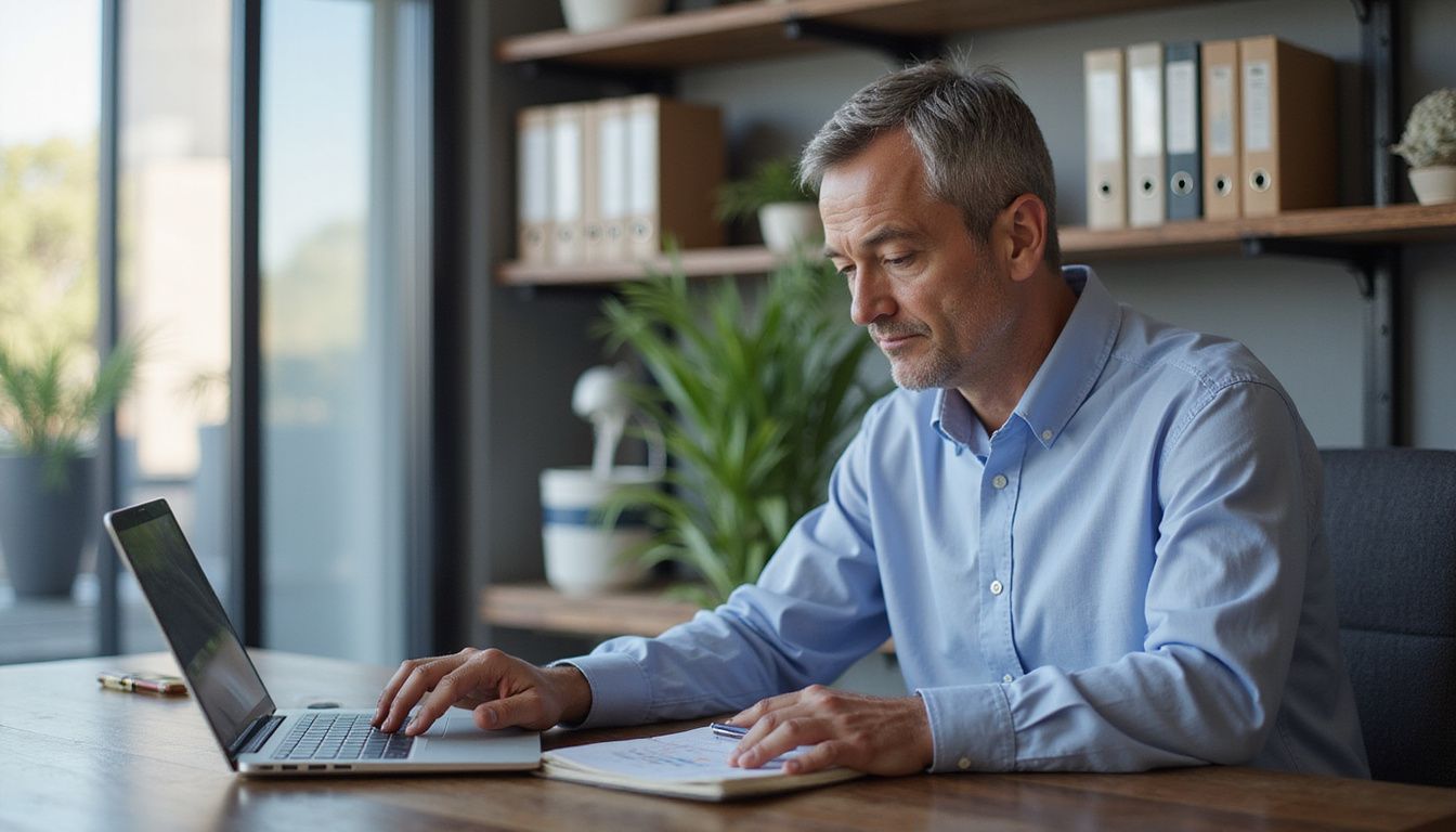 A focused middle-aged man reviews financial charts at a sleek desk. A focused middle-aged man reviews financial charts at a sleek desk.
