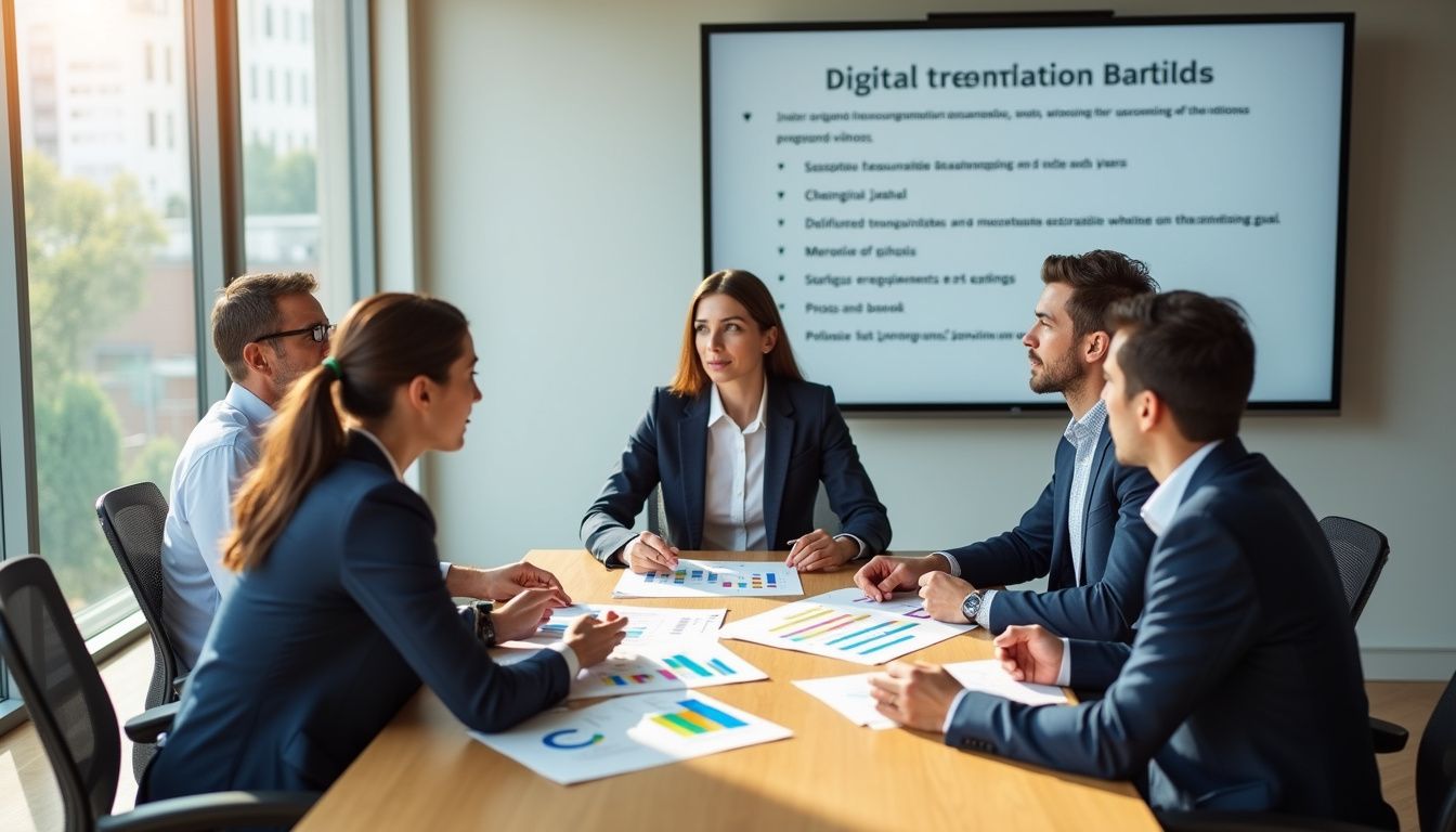 Professionals engage in strategic planning around a sleek conference table. Professionals engage in strategic planning around a sleek conference table.
