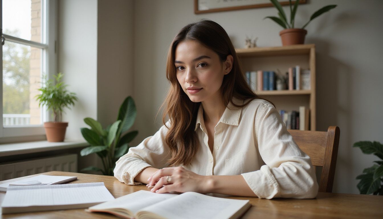 A focused young woman works at a tidy home office desk. A focused young woman works at a tidy home office desk.