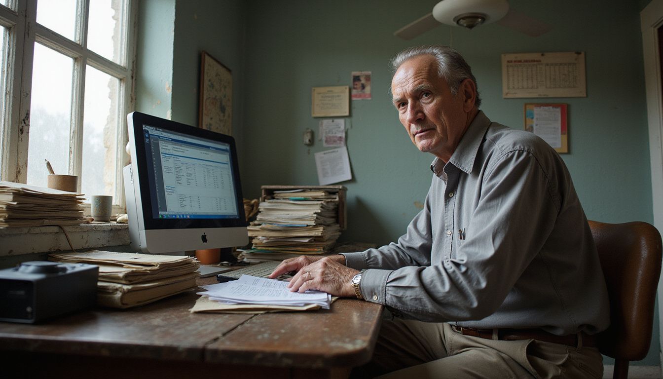 An older man reviews financial statements at a cluttered desk. An older man reviews financial statements at a cluttered desk.