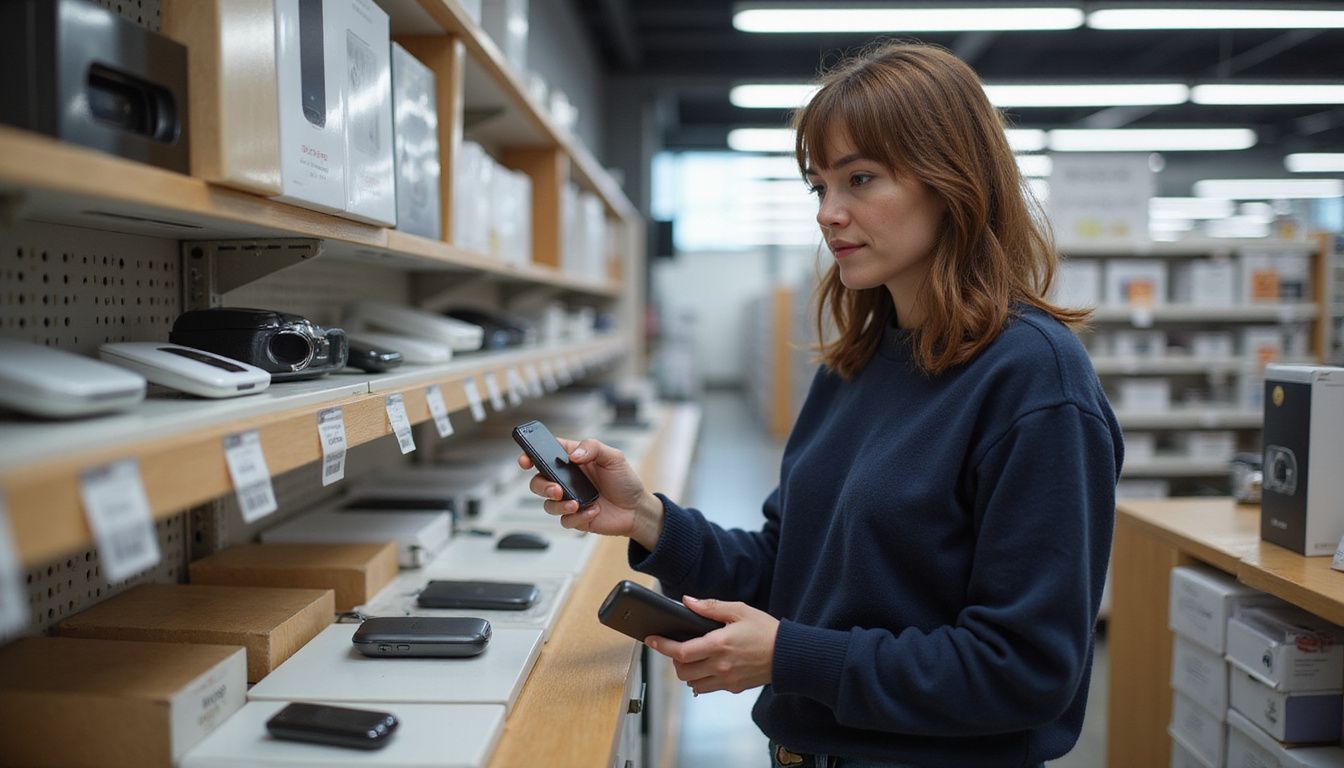 A woman examines a gadget in a well-organised electronics store. A woman examines a gadget in a well-organised electronics store.