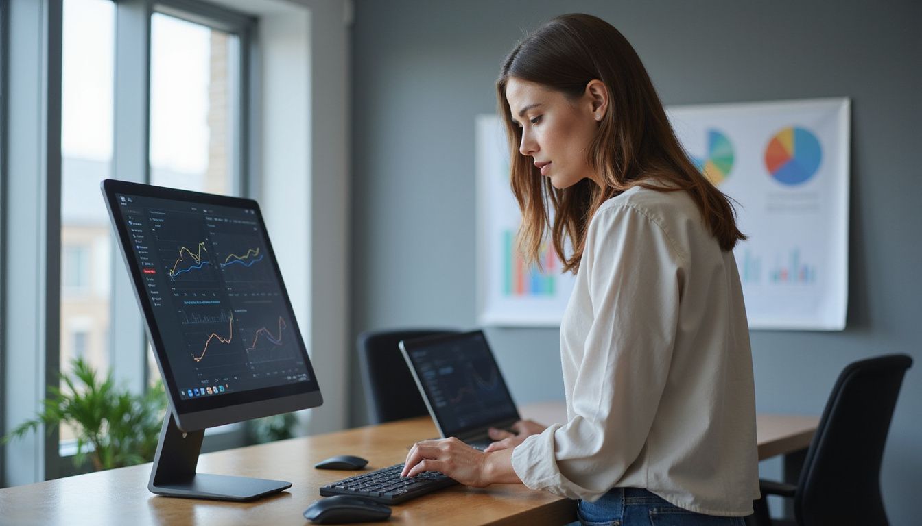 A focused woman engages with data in a modern office setting. A focused woman engages with data in a modern office setting.