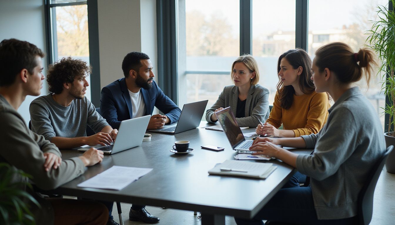 A diverse group of professionals collaborates on AI solutions in a modern office. A diverse group of professionals collaborates on AI solutions in a modern office.