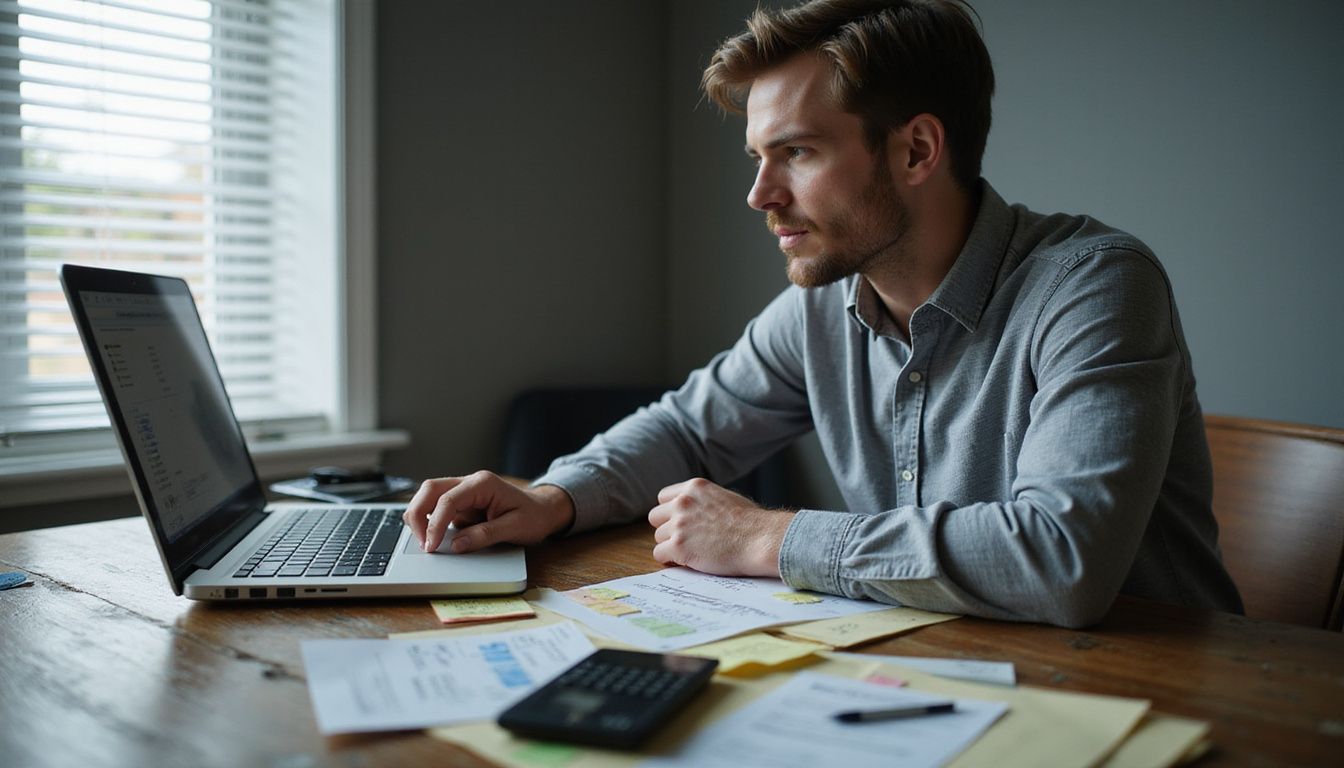 A man contemplates tax work at a cluttered wooden desk. A man contemplates tax work at a cluttered wooden desk.