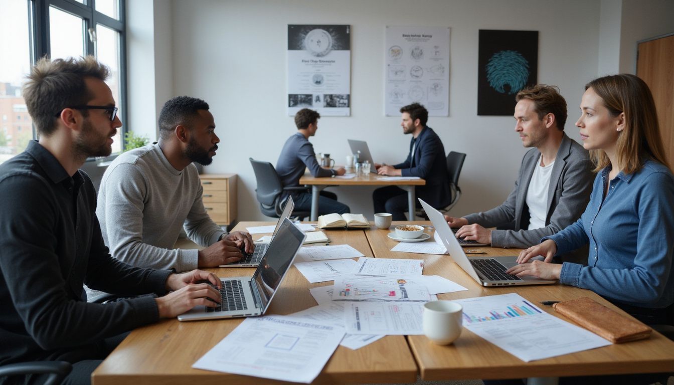A diverse team collaborates in a modern, vibrant office space. A diverse team collaborates in a modern, vibrant office space.