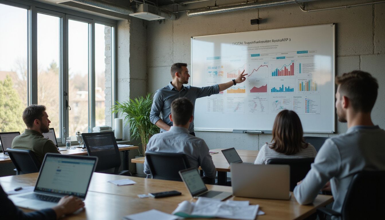 A man discusses a digital transformation roadmap in a modern office. A man discusses a digital transformation roadmap in a modern office.