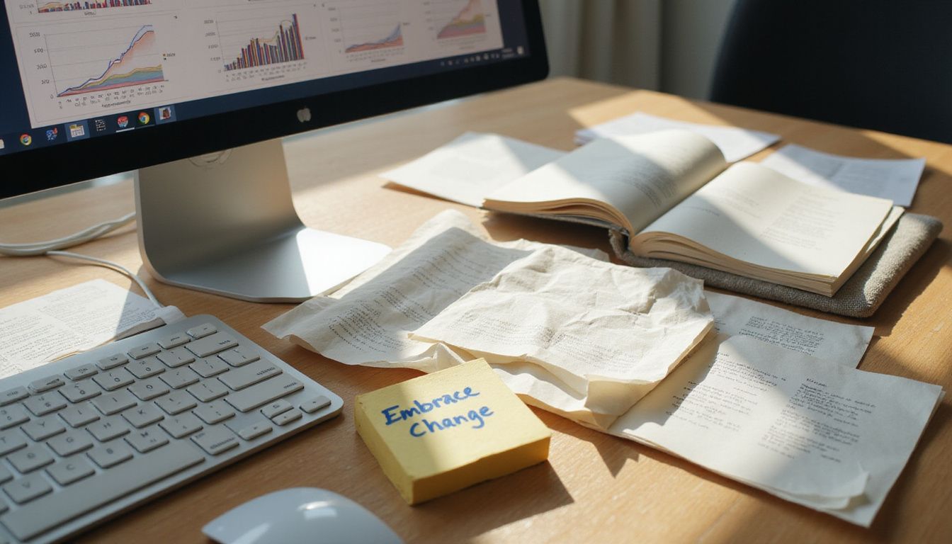 A cluttered wooden desk showcases productivity with notes and graphs. A cluttered wooden desk showcases productivity with notes and graphs.