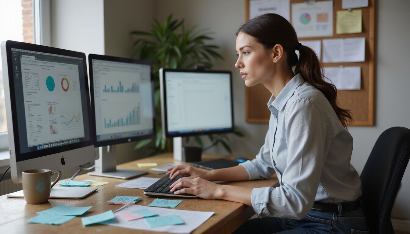 A focused woman works diligently at a cluttered wooden desk. A focused woman works diligently at a cluttered wooden desk.