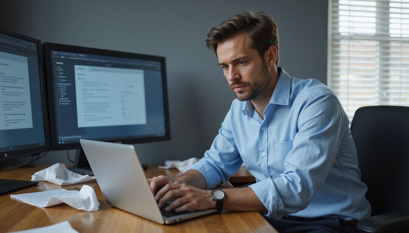 A man focuses on his laptop amidst project notes and monitors. A man focuses on his laptop amidst project notes and monitors.